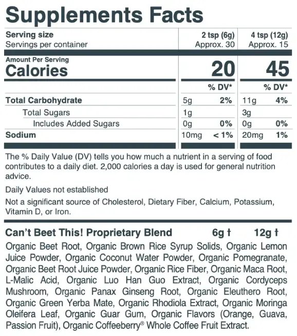 Purium Can't Beet This! Supplement Facts label