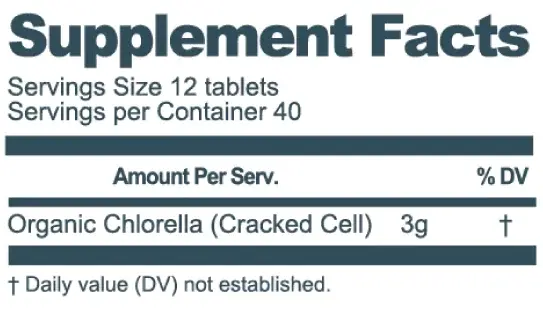 Purium Cracked Cell Chlorella Tablets Supplement Facts label