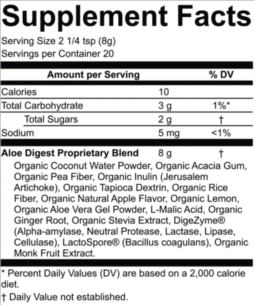 Purium Aloe Digest Supplement Facts label