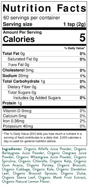 Purium Green Spectrum Lemon Supplement Facts label