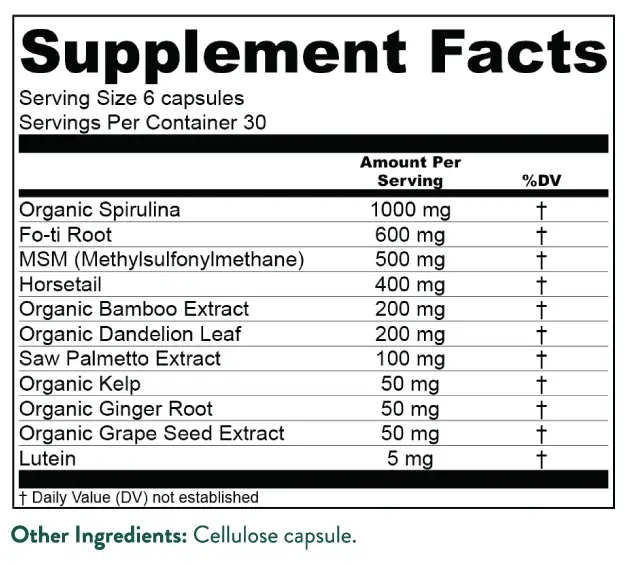 Purium RENEW Hair, Skin & Nails Supplement Facts label